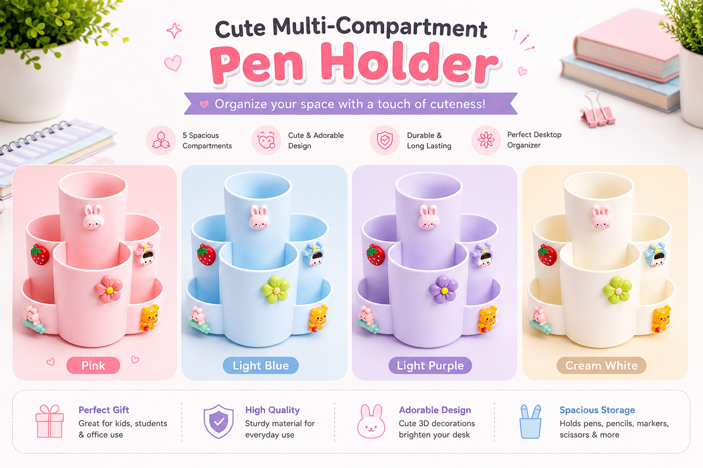 Cute Multi-Compartment Pen Holder