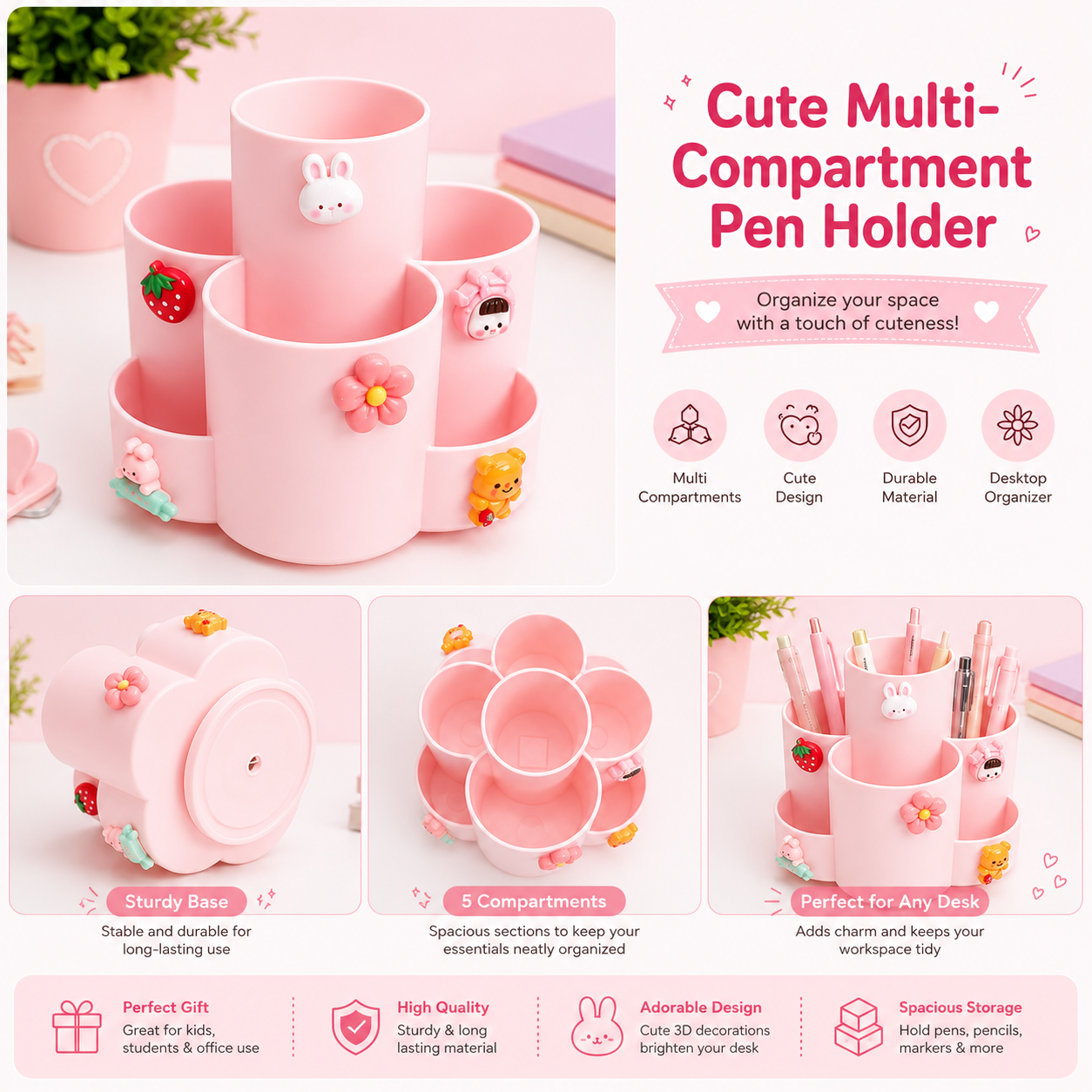 Cute Multi-Compartment Pen Holder