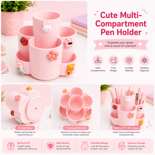 Cute Multi-Compartment Pen Holder