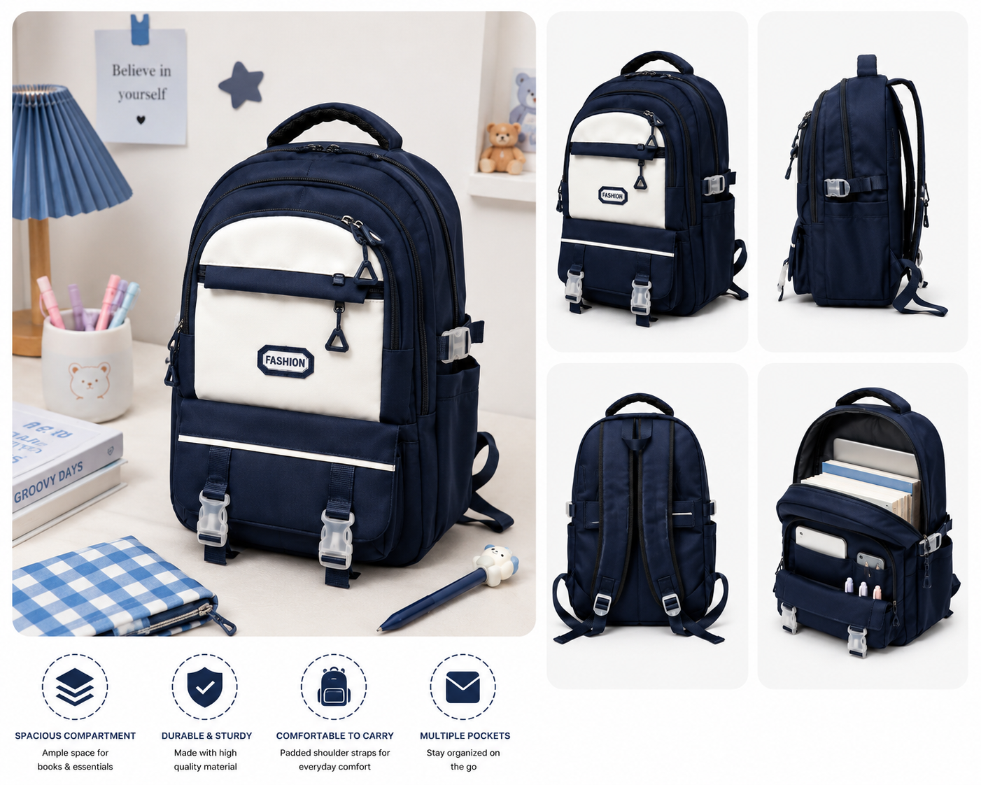 A navy blue and white backpack shown in multiple views on a light indoor background, including front, back, side, and open-packing views. The image includes small feature icons and text at the bottom describing capacity, durability, comfort, and multiple pockets.