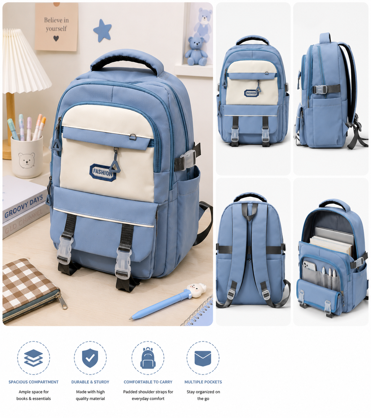 A light blue and cream backpack shown in multiple views on a styled desk background, with feature icons along the bottom. The backpack has multiple compartments, side mesh pockets, padded shoulder straps, and a top handle.