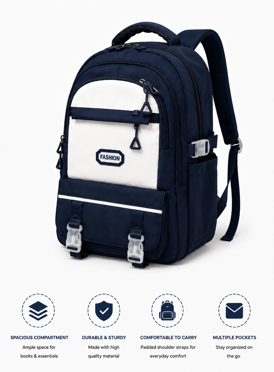A navy blue and white backpack shown on a light gray background with four feature icons and text below. The backpack has multiple zippered compartments, padded shoulder straps, and side pockets.