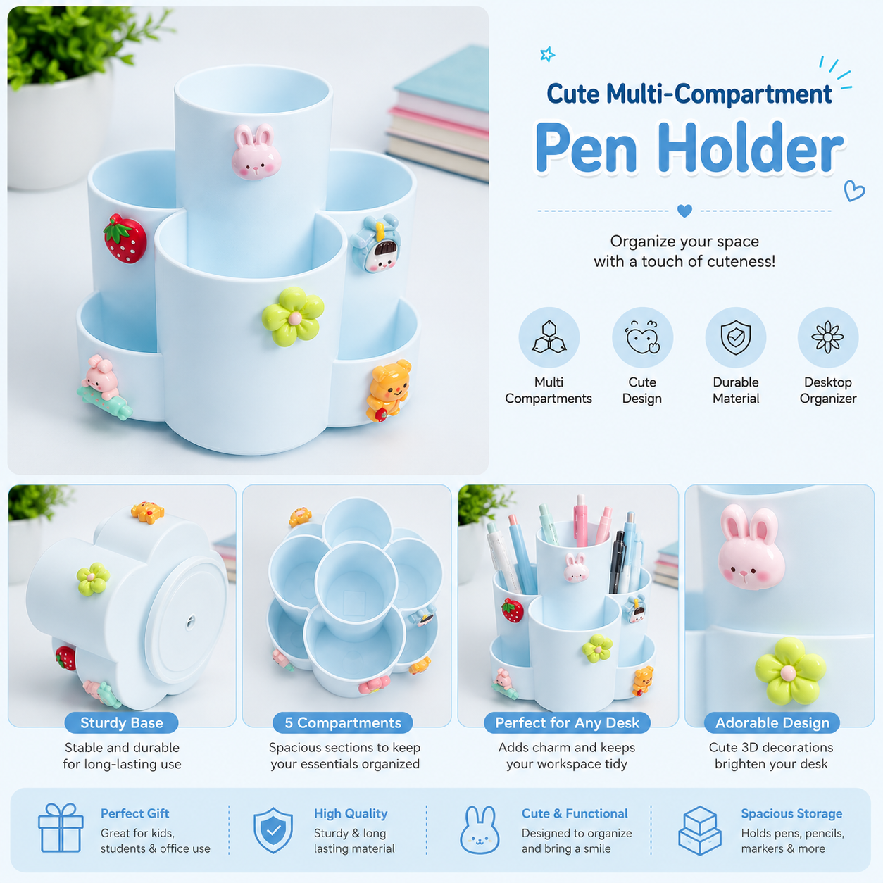 Cute Multi-Compartment Pen Holder