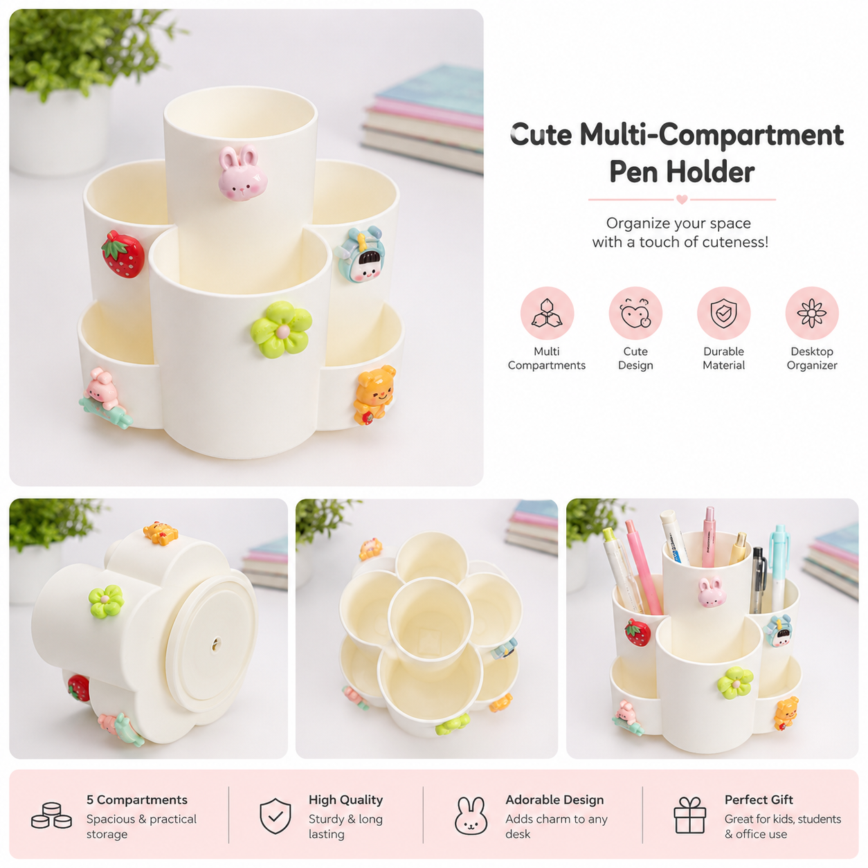 Cute Multi-Compartment Pen Holder