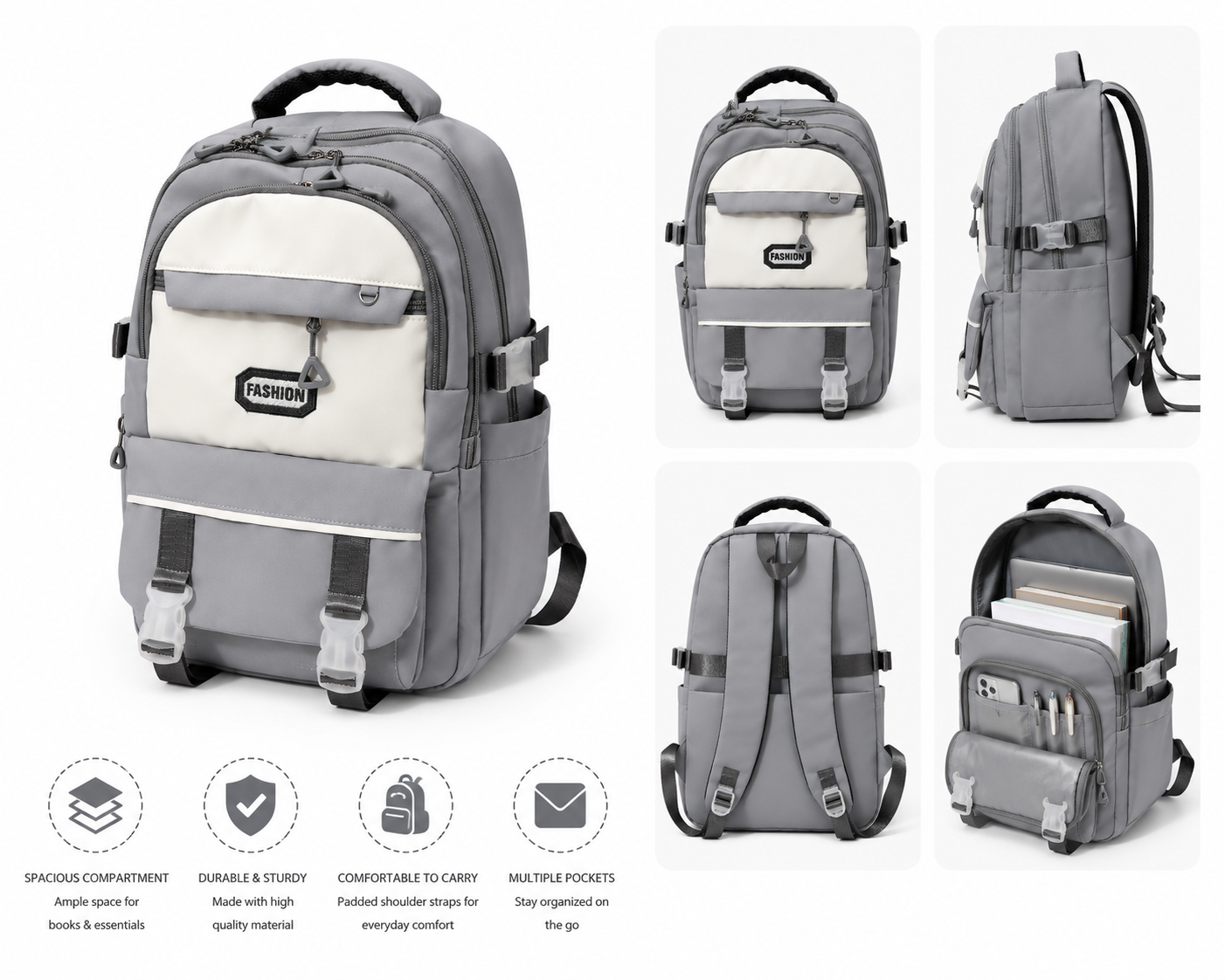A gray and off-white laptop backpack shown from multiple angles on a white background, with feature icons and text below. The backpack has multiple compartments, padded shoulder straps, and side pockets.
