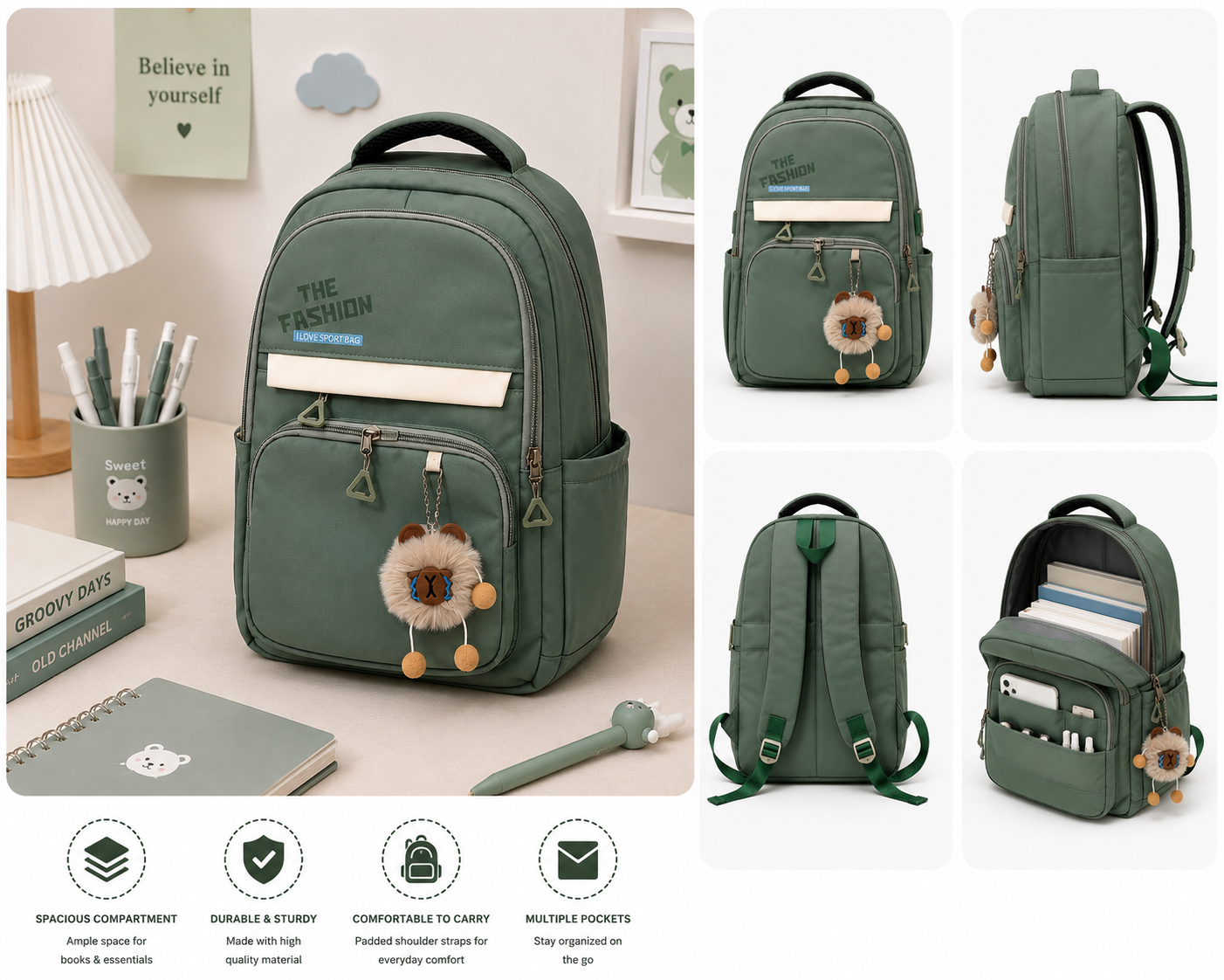 An olive green backpack shown in multiple views on a light beige desk-style background, with a small plush flower charm hanging from the zipper. The collage includes front, side, back, and open-pocket views, with text badges at the bottom describing features like spacious compartment, durable and sturdy, comfortable to carry, and multiple pockets.
