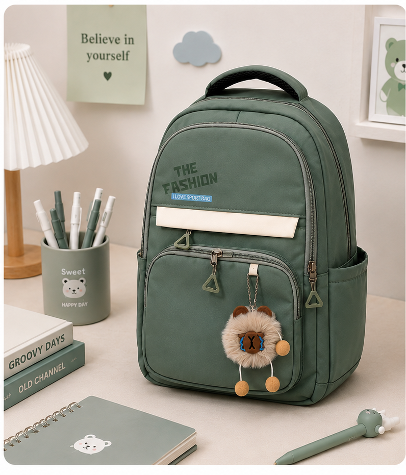 A sage green backpack with gray zippers and a small lion plush keychain hanging from the front pocket, styled on a desk with notebooks, pens, a lamp, and wall decor.