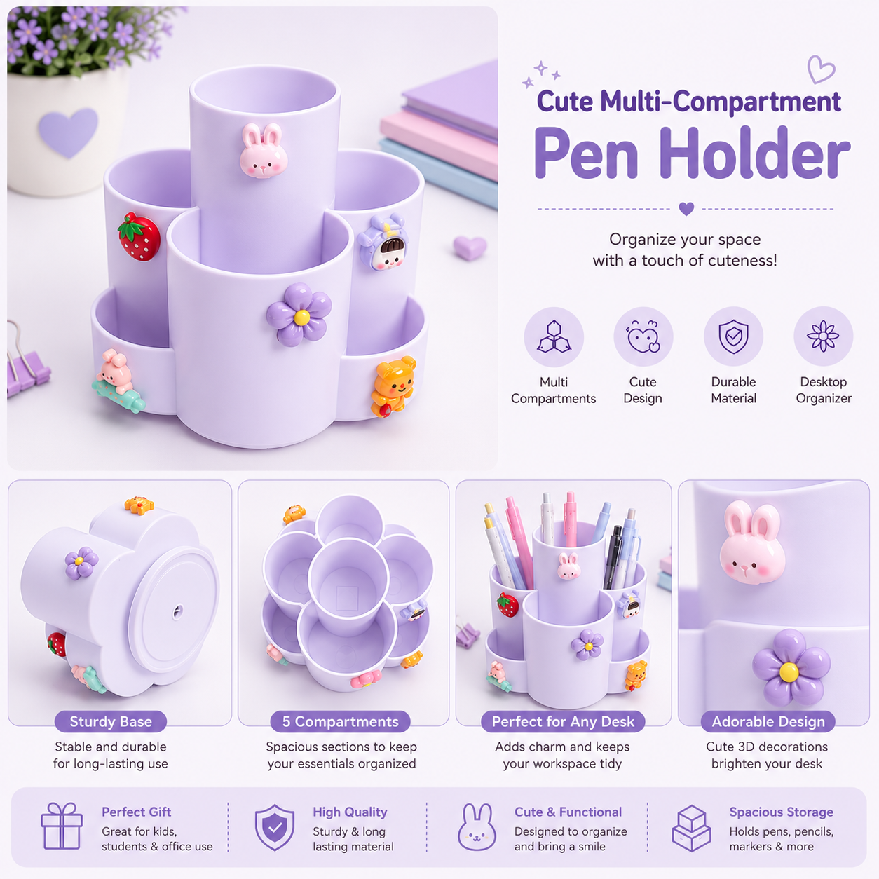 Cute Multi-Compartment Pen Holder