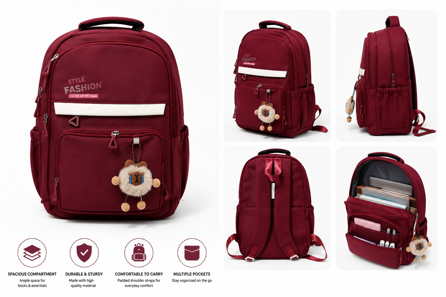 A burgundy red backpack shown from multiple angles on a white background, with feature icons and text below. The backpack has multiple zippered compartments, a top handle, padded shoulder straps, a flower-shaped hanging charm, and an open view showing interior pockets and compartments.