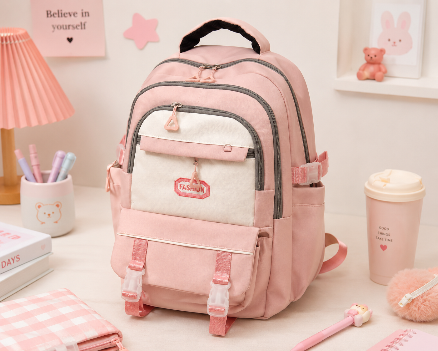 A pink school backpack with white and gray accents, styled on a desk with pink stationery, a cup, and a lamp.