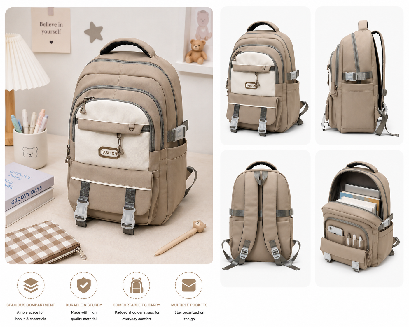 A beige and off-white backpack shown in multiple views on a clean indoor background, including front, back, side, and open-pockets views. The image includes small feature icons along the bottom describing storage, durability, comfort, and pocket capacity.