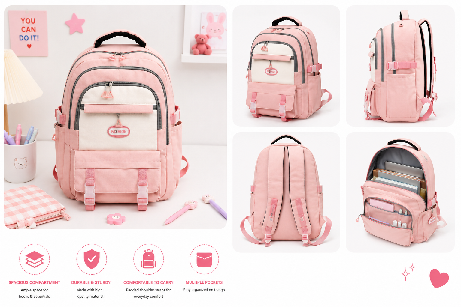 A pink school backpack shown in multiple views on a light pink background, with feature icons along the bottom. The backpack has a front zip pocket, side pockets, padded shoulder straps, and a top handle.
